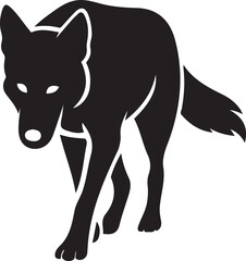 A black silhouette of a wolf walking, viewed from the side