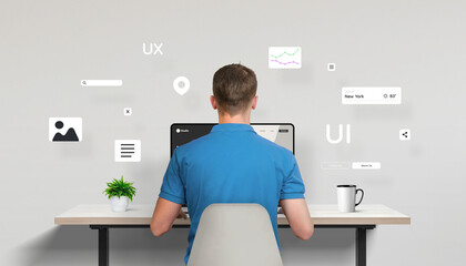 Web designer or developer seated in front of a laptop, seen from behind, actively working on a site...