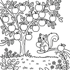 Coloring page of squirrel with apple tree in black and white
