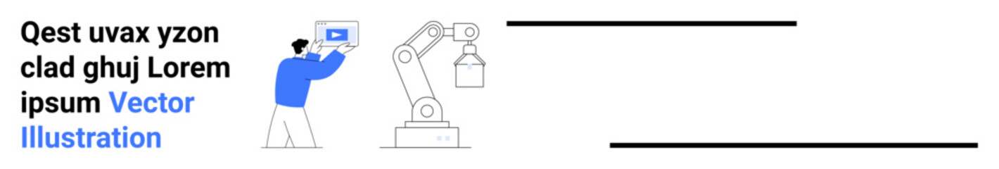 Engineer using tablet to control robotic arm in industrial automation. Ideal for technology, innovation, engineering, manufacturing, robotics, smart factory, simple landing page