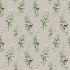 Seamless watercolor pattern with white flowers, berries, fern and leaves. Botanical illustration background fabric
