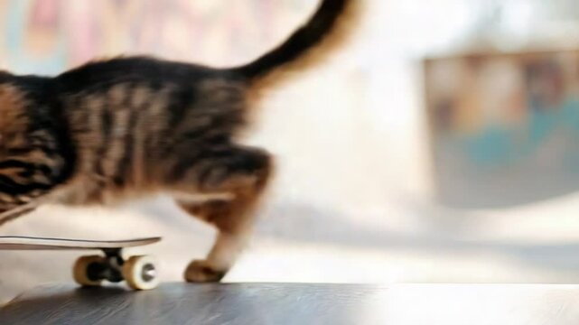Adorable kitten skateboarding on halfpipe with focused expression.