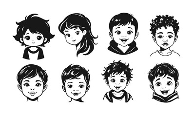 Cute kids faces set, cartoon children, emotional baby expressions, black white characters	