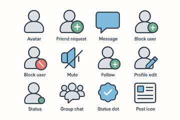 Social media interface icons: avatar, messages, friend request, mute, follow, profile edit