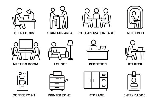Office icons: collaboration, workspace, and amenities