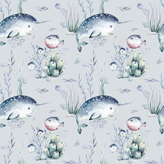 Watercolor seamless pattern with underwater world Bright fish, whale, shark dolphin starfish animals. Jellyfish seashells. Sea and ocean fish life background
