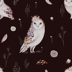 Watercolor Woodland animal Scandinavian seamless pattern. Fabric wallpaper background with Owl, hedgehog, fox and butterfly, rabbit forest squirrel and chipmunk, bear and bird baby animal,
