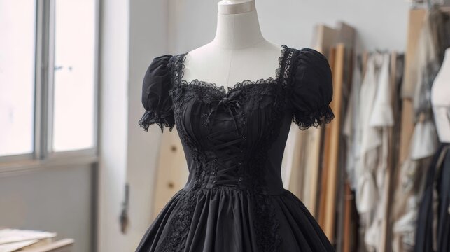 Elegant black gothic dress on mannequin in fashion designer's studio