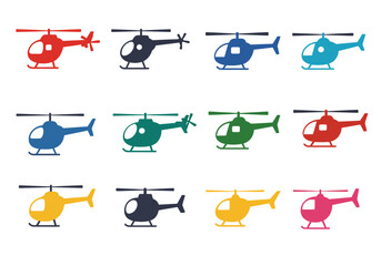 Collection of Twelve Colorful Helicopter Icons with Transparent Background