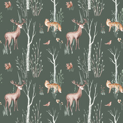 Watercolor Woodland animals seamless pattern. Fabric wallpaper forest with baby deer. Owl, fox and butterfly, Bunny rabbit set of forest, bear and bird baby animal Nursery