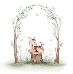 Cute baby deer animal for kindergarten, nursery isolated illustration for children clothing, pattern. Watercolor Hand drawn boho image forest woodland poster baby shower