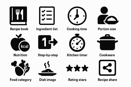 Kitchen icon set: recipe book, cooking time, nutrition, cookware, rating stars