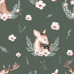 Watercolor Woodland animals seamless pattern. Fabric wallpaper forest with baby deer trees. bird baby animal Nursery backgrouns