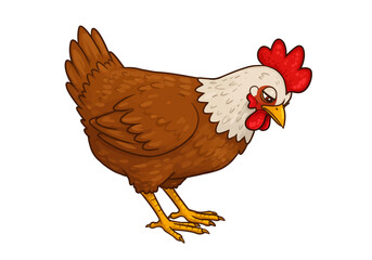 Cartoon Brown Chicken with Red Comb and Wattle Looking Down