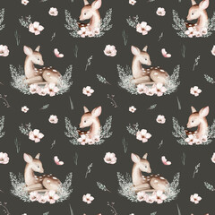 Watercolor Woodland animals seamless pattern. Fabric wallpaper forest with baby deer trees. bird baby animal Nursery backgrouns