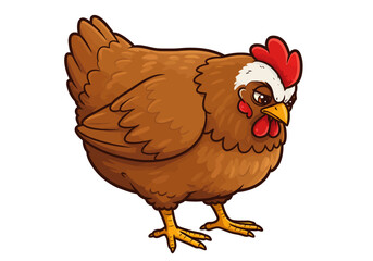 Cartoon Brown Chicken with Red Comb and Wattle