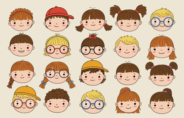 Cartoon Faces of Children with Various Hairstyles and Accessories