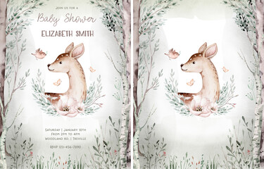 Woodland cartoon Animals watercolor illustration template. Pre made frame for baby shower, birthday invitation kids baby deer, fox in the forest. Cute bear, rabbit and birds