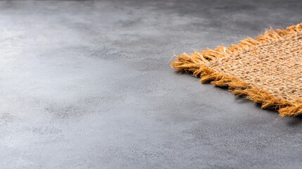 A piece of burlap with frayed edges rests on a gray surface.
