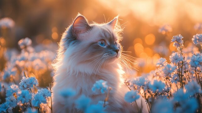 Elegant Ragdoll cat amidst a serene field of white flowers basking in golden light - Powered by Adobe