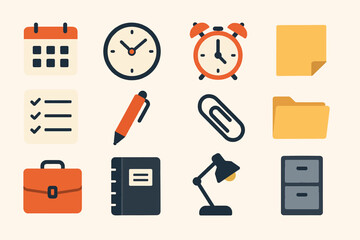 Office essentials: calendar, clock, stationery, and organization icons