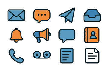 Colorful communication icons set including email speech bubble and phone