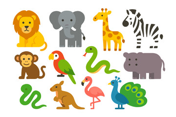 Obraz premium Colorful cartoon jungle animals on vibrant yellow background