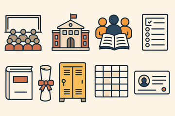 Education icon set: school building, classroom, diploma, book, locker, checklist, group study, id card