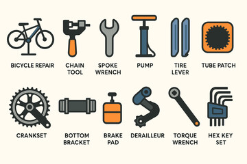 Fototapeta premium Bicycle repair tools: chain tool, spoke wrench, pump, tire lever, tube patch
