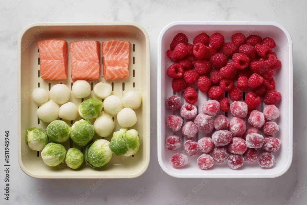 Aufkleber Comparison of Shelf Life Between Fresh and Frozen Fruits and Vegetables in Clean Layout for Easy Reference