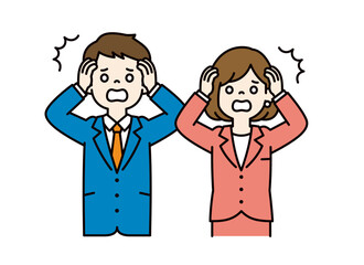 白目をむいて驚く、ビジネスマンのシンプルなベクターイラスト素材＿男女セット＿カラー