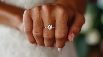 A beautifully crafted engagement ring with a sparkling gemstone rests on a woman's hand, symbolizing love, commitment, and new beginnings.