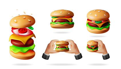 Set of 3d delicious burger illustration with flying ingredients, tasty fast food, and hands holding a hamburger, for menu design.