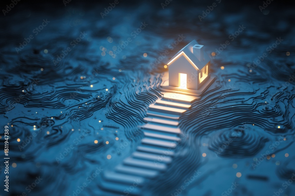 Poster glowing doorstep icon on animated map route leads to destination in top clean zone