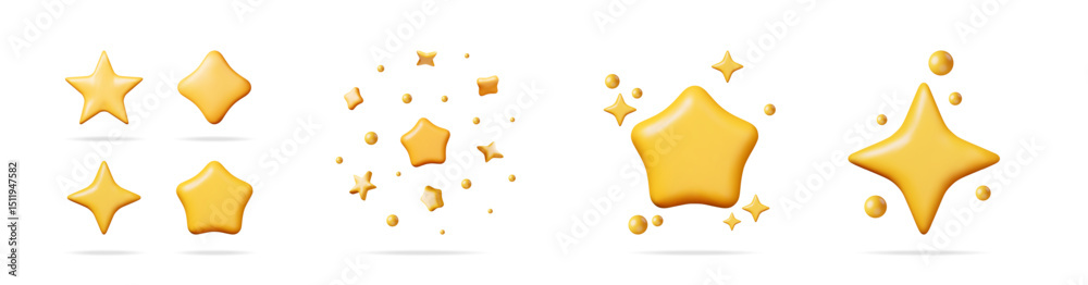 Poster set of 3d gold render shiny rating star icons. abstract different star shapes and bubbles with shimm