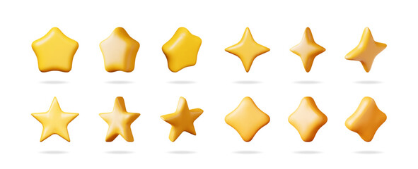 A set of 3d vector golden star shapes varying in form. Vector design for rating, review, magic, game, and decoration concepts.
