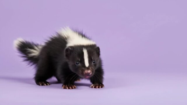 Cute baby skunk looking around on a purple studio background with copy space.