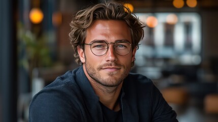 Fototapeta premium Young man with glasses at desk in modern office, looking at camera with laptop nearby.