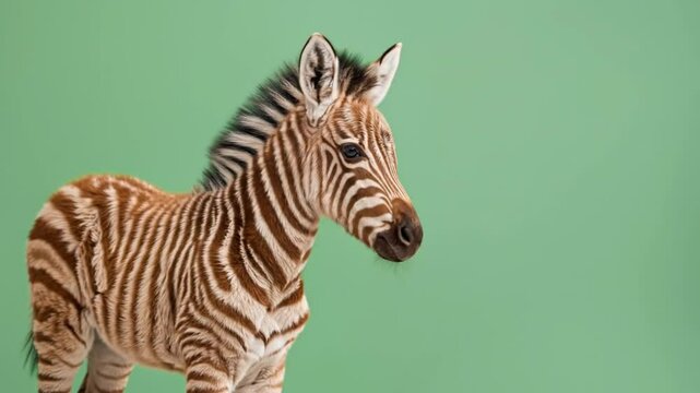 Adorable baby zebra foal with brown stripes looking around on a green background with copy space. International Zebra Day, January 31