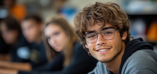 Obraz premium Young man with glasses at desk in modern office, looking at camera with laptop nearby.