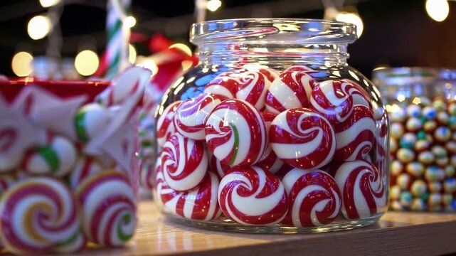 Festive candy wonderland with red and white swirl peppermint in glass jar, colorful sweets, holiday lights, and Christmas decor