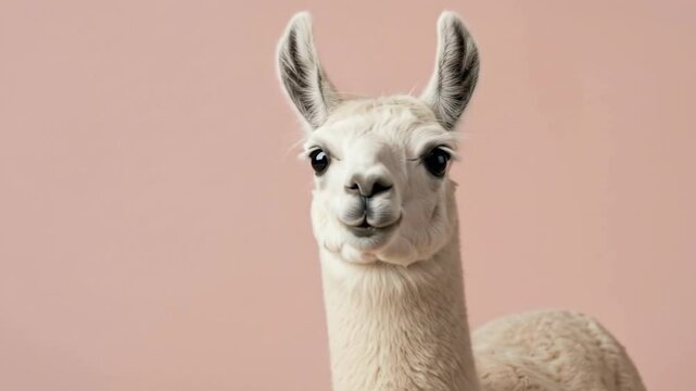 Cute white baby llama cria looking at camera on pastel pink background. Adorable young llama animal portrait with copy space. Slow zoom.