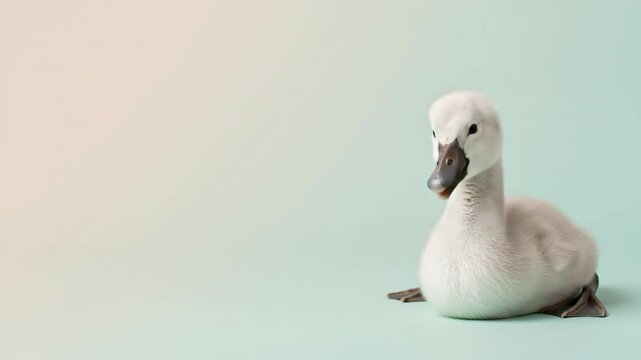 Cute grey swan cygnet sitting and looking around on a pastel pink and green gradient background. Adorable baby bird portrait with copy space.