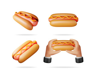 Hot dog set in 3d vector style. Fast food collection with man hands holding sausage bun with mustard. Delicious snack for lunch.