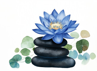 A blue lotus flower and two black rocks stacked on top of each other.