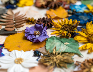 Whimsical Floral Collage A Macro View of Paper, Paint, and Found Objects