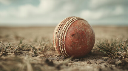 Cricket ball on the Field: A weathered cricket ball rests upon the cracked earth, a testament to the intensity and vigor of the game.