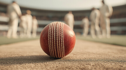 Cricket Ball on Pitch: A detailed shot of a cricket ball resting on the pitch, with players in the background. The photo evokes a sense of anticipation and the thrill of the game. 
