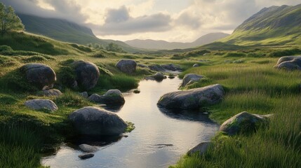 Fototapeta premium The stones of the Scottish Highlands in Glen Etive grass rocks landscape.