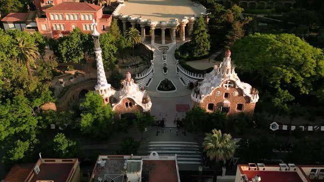 aerial view of parc guell, a landmark tourist attraction in Barcelona, Spain at sunrise, empty